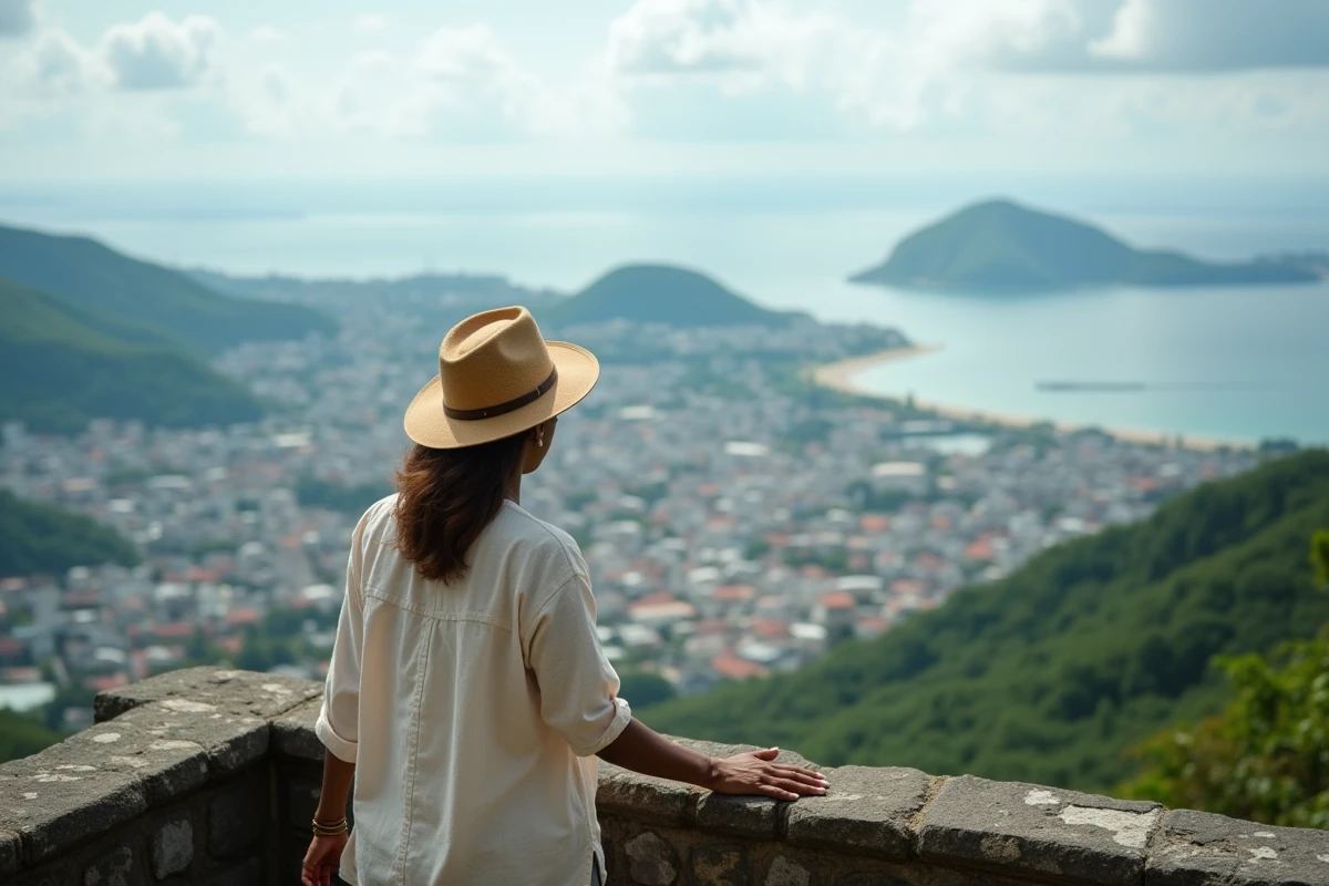 Femme contemplant la vue panoramique sur Kingston et le port depuis les collines Blue Mountains en Jamaïque