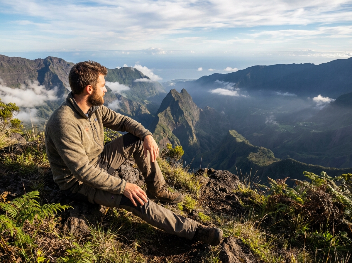 Homme contemplant le paysage volcanique de La Réunion